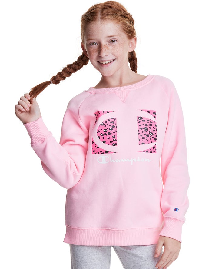 Champion Fleece Raglan Crew Leopard Knockout Logo Hoodie Meisjes - Roze - Belgie 0658RDAYL